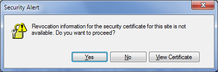 Revocation information for the security certificate for this site is not available. Do you want to proceed?